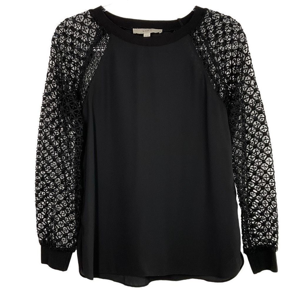 LOFT Black Raglan Crochet Long Sleeve Top XS